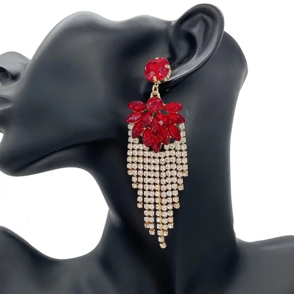 Red Earrings Long Tassel Dangle Crystal Rhinestone Gold Bridal Prom Holiday - Picture 2 of 5